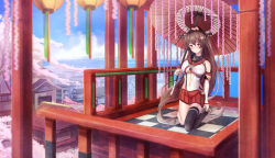 Rule 34 | 10s, 1girl, black thighhighs, blue sky, blurry, blush, breasts, brown eyes, brown hair, building, center opening, checkered floor, cherry blossoms, city, closed mouth, cloud, collar, day, depth of field, detached sleeves, harbor, head tilt, headgear, highres, house, kantai collection, kneeling, lampion, large breasts, long hair, outdoors, parasol, pillar, plant, ponytail, railing, shore, side slit, single thighhigh, sky, smile, solo, tassel, thighhighs, tree, umbrella, underboob, untue, very long hair, water, yamato (kancolle)