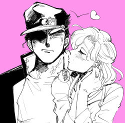 Rule 34 | 1boy, 1girl, closed eyes, hat, heart, jojo no kimyou na bouken, kuujou holly, kuujou joutarou, mother and son, oniyama831, own hands clasped, own hands together, peaked cap, pink background, shaded face, short hair, simple background, stardust crusaders, torn clothes