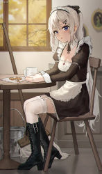 Rule 34 | 1girl, 9a-91 (bullets cafe) (girls&#039; frontline), 9a-91 (girls&#039; frontline), :o, absurdres, apron, black dress, black footwear, blue eyes, boots, breasts, chair, cleavage, cookie, cup, dress, food, frills, full body, garter straps, girls&#039; frontline, grey hair, hair ornament, highres, indoors, jewelry, kir (khw66136132), knee boots, kneehighs, long sleeves, looking at viewer, maid, maid headdress, medium breasts, mop, official alternate costume, parted lips, ponytail, ring, sitting, socks, solo, thighhighs, white apron, white headwear, white thighhighs, window