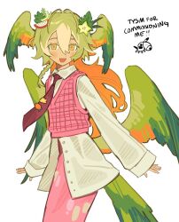 Rule 34 | 1girl, bird girl, bird tail, blush, braid, commentary, commission, fang, feathers, green eyes, green feathers, green hair, green wings, head wings, long hair, long skirt, long sleeves, low wings, mota (motaberrie), multicolored hair, necktie, open mouth, orange feathers, orange hair, orange pupils, original, pink skirt, pink sweater vest, shirt, simple background, single braid, skin fang, skirt, solo, sweater vest, tail, two-tone hair, white background, white shirt, wings