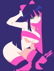 Rule 34 | 1girl, aetherion, arm up, bandeau, blending, bottomless, bow, breasts, choker, colored inner hair, hair bow, hand in own hair, highres, large breasts, long hair, looking at viewer, multicolored hair, navel, panty &amp; stocking with garterbelt, pink hair, purple hair, signature, solo, stocking (psg), striped clothes, striped thighhighs, thighhighs, two-tone hair