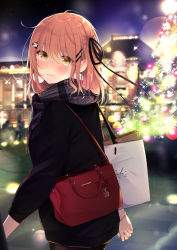 Rule 34 | 1girl, bag, black jacket, black pantyhose, black ribbon, blurry, blurry background, blush, brown eyes, brown hair, building, christmas, christmas ornaments, christmas tree, commentary request, depth of field, fringe trim, grey scarf, hair between eyes, hair ornament, hair ribbon, hairclip, hand fan, highres, jacket, long hair, long sleeves, looking at viewer, looking to the side, nail polish, night, one side up, original, outdoors, panda hair ornament, pantyhose, paper fan, parted lips, pink nails, plaid, plaid scarf, ribbon, sasahara wakaba, scarf, shopping bag, shoulder bag, solo