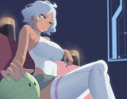 Rule 34 | 1girl, aqua eyes, arm rest, breasts, closed mouth, commentary request, couch, covered navel, crossed legs, dark-skinned female, dark skin, from below, from side, gundam, gundam suisei no majo, highleg, highleg leotard, highres, hip vent, large breasts, leotard, looking ahead, paid reward available, secelia dote, shirt, short hair, short shorts, shorts, sitting, sleeveless, sleeveless shirt, smile, solo, surock, thighhighs, thighs, v-shaped eyebrows, wavy hair, white hair, white leotard, white nails, white shirt, white thighhighs, wide hips