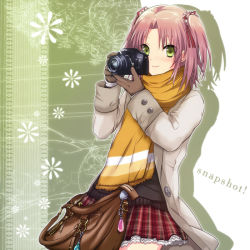 Rule 34 | 1girl, bad id, bad pixiv id, bag, blush, bow, brown gloves, brown hair, camera, coat, cowboy shot, frilled skirt, frills, gloves, green eyes, hair bow, hands up, holding, holding camera, lace, lace-trimmed skirt, lace trim, long sleeves, looking at viewer, monochrome background, open clothes, open coat, orange scarf, original, plaid, plaid skirt, pleated skirt, scarf, short hair, skirt, smile, solo, twintails, two side up, uka (color noise)