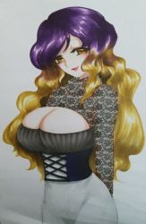 Rule 34 | 1girl, alternate costume, arms behind back, bad id, bad pixiv id, blonde hair, blush, breasts, casual, cleavage cutout, clothing cutout, corset, curly hair, female focus, gradient hair, hijiri byakuren, lace, large breasts, long hair, long sleeves, looking at viewer, meme attire, multicolored hair, open-chest sweater, open mouth, purple hair, shu (loveeater), simple background, skirt, smile, solo, sweater, touhou, traditional media, turtleneck, unmoving pattern, upper body, white background, yellow eyes