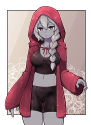 Rule 34 | 1girl, alternate costume, border, braid, breasts, cleavage, closed mouth, collarbone, colored skin, commission, expressionless, grey hair, grey skin, hair between eyes, highres, hood, hood up, lamb-oic029, lich (monster girl encyclopedia), long hair, looking at viewer, midriff, monster girl encyclopedia, navel, red hood, single braid, sleeves past wrists, solo, standing, thigh gap, unamused, white border