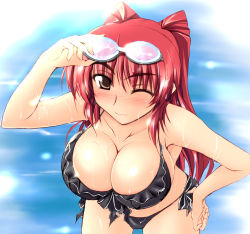 Rule 34 | 00s, 1girl, ;3, adjusting eyewear, areola slip, bent over, bikini, blush, breasts, brown eyes, cleavage, collarbone, eyewear on head, front-tie top, glasses, goggles, kousaka tamaki, large breasts, leaning forward, long hair, looking at viewer, nose blush, ocean, one eye closed, outdoors, red hair, side-tie bikini bottom, solo, straight hair, swimsuit, to heart (series), to heart 2, twintails, wet, wink, zekkyon