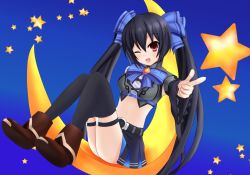 Rule 34 | 10s, 1girl, :d, ;d, black hair, blush, bow, breasts, female focus, gem, hair bow, hair ornament, highres, kami jigen game neptune v, long hair, midriff, moon, navel, neptune (series), noire (neptunia), one eye closed, open mouth, red eyes, ribbon, sarvuant, simple background, skirt, smile, solo, star (symbol), twintails, very long hair