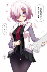 Rule 34 | 1boy, 1girl, black dress, black pantyhose, black skirt, blush, bow, bow panties, closed mouth, cowboy shot, dress, fate/grand order, fate (series), flying sweatdrops, hair over one eye, heart, hood, hoodie, legs together, lifting own clothes, light purple hair, looking at another, mash kyrielight, open clothes, open hoodie, out of frame, panties, panties under pantyhose, pantyhose, pleated skirt, purple eyes, purple hair, sasago kaze, short dress, simple background, skirt, solo focus, speech bubble, thigh gap, underwear, white background