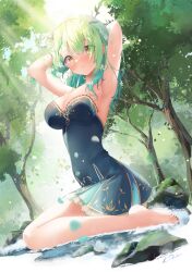 Rule 34 | 1girl, antlers, aqua hair, armpits, arms up, bare arms, bare legs, barefoot, blue dress, blurry, blurry foreground, blush, braid, breasts, ceres fauna, ceres fauna (1st costume), cleavage, commentary, dappled sunlight, day, dress, eyes visible through hair, falling leaves, feet, forest, frilled dress, frills, full body, gradient hair, green hair, green nails, hair between eyes, hair flowing over, hair over one eye, hair over shoulder, highres, hololive, hololive english, horns, leaf, legs, light particles, long hair, looking at viewer, lukas reule, medium breasts, mole, mole under eye, multicolored hair, nail polish, nature, outdoors, parted lips, raised eyebrows, rock, signature, single braid, sitting, sleeveless, sleeveless dress, solo, sparkle, strapless, strapless dress, sunlight, teeth, toenail polish, toenails, toes, tree, two-tone hair, virtual youtuber, water, yellow eyes