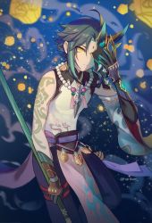 Rule 34 | 1boy, :/, absurdres, ahoge, aqua hair, arm tattoo, armor, asymmetrical clothes, bead necklace, beads, closed mouth, commentary, detached sleeves, english commentary, expressionless, eyeshadow, facial mark, forehead mark, genshin impact, gloves, green hair, harikoe, highres, holding, holding weapon, jewelry, lantern, looking at viewer, makeup, male focus, multicolored hair, necklace, pelvic curtain, polearm, red eyeshadow, shoulder armor, sidelocks, solo, spear, spiked armor, spikes, standing, tassel, tattoo, vision (genshin impact), weapon, wide sleeves, xiao (genshin impact), yellow eyes