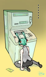 Rule 34 | ..., 1girl, absurdres, aqua hair, arms at sides, artist name, atm, bare shoulders, black skirt, boots, commentary, envelope, facing away, failure, from behind, full body, gradient background, grey footwear, grey shirt, hatsune miku, highres, keypad, kneeling, long hair, on floor, poyota (mikusense), shirt, signature, skirt, sleeveless, sleeveless shirt, solo, stuck, thigh boots, twintails, vocaloid, yellow background, you&#039;re doing it wrong
