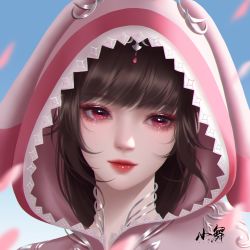 Rule 34 | 1girl, blue sky, brown hair, closed mouth, collar, douluo dalu, falling petals, hair ornament, highres, hood, hood up, looking at viewer, metal collar, petals, pink eyes, portrait, short hair, sky, smile, solo, xiao wu (douluo dalu), zenme maorongrong de a