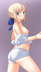 Rule 34 | 1girl, :|, ahoge, artoria pendragon (all), artoria pendragon (fate), ass, blonde hair, blush, boyshort panties, breasts, closed mouth, commentary request, fate/stay night, fate (series), from side, gradient background, green eyes, hair ribbon, highres, looking at viewer, nipples, no bra, off shoulder, ribbon, saber (fate), simple background, skylader, small breasts, solo, underwear