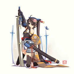 Rule 34 | 1girl, ahoge, armor, bare shoulders, black hair, black thighhighs, blue eyes, bow, bug, butterfly, elbow gloves, elbow pads, eyepatch, flower, gloves, hair flower, hair ornament, headdress, highres, insect, japanese armor, katana, kneeling, original, planted, planted sword, planted weapon, por (downletgo), sandals, sheath, smile, solo, sword, thighhighs, twintails, vambraces, weapon
