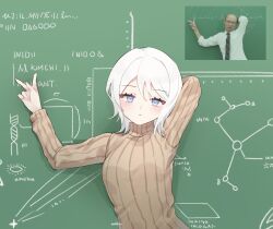 Rule 34 | 1girl, blue eyes, breasts, brown sweater, chalkboard, faust (project moon), highres, limbus company, long sleeves, love mintchoco, medium breasts, medium hair, photo-referenced, project moon, ribbed sweater, solo, sweater, turtleneck, turtleneck sweater, upper body, white hair