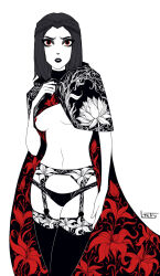 Rule 34 | 1girl, black hair, black panties, black thighhighs, breasts, cape, floral print, garter straps, hand up, highres, long hair, looking at viewer, ltstry, medium breasts, monochrome, navel, no bra, panties, parted lips, print cape, red eyes, serana, signature, simple background, solo, spot color, the elder scrolls, the elder scrolls v: skyrim, thighhighs, underwear, white background