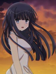 Rule 34 | 1girl, :d, @ @, arm at side, black eyes, black hair, blunt bangs, blunt ends, breasts, commentary, crazy eyes, dress, floating hair, from side, highres, large breasts, long hair, looking at viewer, mahigu re, open mouth, orange sky, outdoors, sky, smile, solo, straight hair, subarashiki hibi, sundress, sunset, takashima zakuro, upper body, white dress