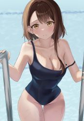 Rule 34 | 1girl, absurdres, alternate breast size, black one-piece swimsuit, blush, breasts, brown eyes, brown hair, cleavage, closed mouth, commentary request, covered navel, hair between eyes, highres, legs together, long hair, looking at viewer, nisekoi, one-piece swimsuit, onodera kosaki, over shoulder, pool, poolside, solo, standing, strap slip, swimsuit, thigh gap, ttusee5, wet