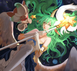 Rule 34 | 1girl, alternate costume, alternate eye color, alternate hair color, animal ears, armlet, bare shoulders, breasts, elbow gloves, feathered wings, gloves, green eyes, green hair, highres, horns, league of legends, long hair, looking at viewer, magical girl, medium breasts, planet, pointy ears, single horn, skirt, solo, soraka (league of legends), space, staff, star guardian (league of legends), star guardian soraka, thighhighs, user rndg3335, very long hair, wand, white gloves, white thighhighs, white wings, wings
