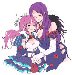 2girls ;d alternate_hairstyle closed_eyes closed_mouth dress elbow_gloves facial_mark fire_emblem fire_emblem_engage gloves hair_down heart heart_facial_mark hortensia_(fire_emblem) ivy_(fire_emblem) juliet_sleeves kitano_373 long_hair long_sleeves multiple_girls nintendo one_eye_closed open_mouth pink_eyes pink_hair puffy_sleeves purple_hair siblings sisters smile white_gloves