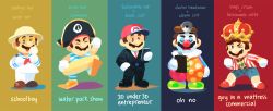 Rule 34 | &gt; o, 5boys, baseball cap, brown hair, blowing bubbles, bucket hat, business suit, cellphone, chewing gum, clown, column lineup, crown, english text, facial hair, formal, gigi d.g., gloves, hand in pocket, hat, head mirror, male focus, mario, mario (series), multiple boys, multiple persona, mustache, nintendo, old-fashioned swimsuit, one-piece swimsuit, one eye closed, phone, pinstripe pattern, pinstripe suit, pirate hat, sailor, shorts, smartphone, striped, suit, super mario odyssey, swimsuit, white gloves