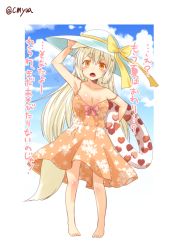 Rule 34 | 1girl, animal ears, arm up, armpits, bare arms, barefoot, blonde hair, blue sky, bow, breasts, brown dress, cleavage, cloud, collarbone, day, dress, eyebrows, fang, floral print, fox ears, fox tail, hat, hat bow, kohaku (yua), large breasts, looking at viewer, open mouth, original, sky, sleeveless, sleeveless dress, slit pupils, solo, strap slip, sundress, tail, thick eyebrows, translation request, yellow eyes, yua (checkmate)