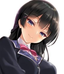 Rule 34 | 1girl, black hair, black jacket, blazer, blue eyes, blunt bangs, blush, bow, bowtie, braid, breasts, cle masahiro, closed mouth, eyelashes, french braid, from below, hair ornament, hairclip, jacket, long hair, looking at viewer, looking down, medium breasts, nijisanji, pink bow, pink bowtie, simple background, smile, solo, tsukino mito, tsukino mito (1st costume), tsurime, upper body, virtual youtuber, white background