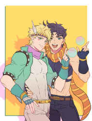 Rule 34 | 2boys, battle tendency, belt, black pants, blonde hair, blue eyes, brown hair, bubble, caesar anthonio zeppeli, closed mouth, crop top, denim, facial mark, feather hair ornament, feathers, fingerless gloves, gloves, green eyes, hair ornament, hand on another&#039;s waist, headband, highres, honlo, index finger raised, jeans, jojo no kimyou na bouken, joseph joestar, joseph joestar (young), looking at viewer, male focus, midriff, multiple boys, one eye closed, open mouth, pants, scarf, shadow, short hair, smile, striped clothes, striped scarf, triangle print