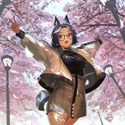 Rule 34 | 1girl, animal ears, black-framed eyewear, black hair, blue eyes, breasts, cherry blossoms, choker, cowboy shot, fox ears, fox tail, glasses, highres, jacket, looking at viewer, medium breasts, open clothes, open jacket, open mouth, original, outdoors, outstretched arms, sakuhiko, short hair, skirt, solo, spread arms, tail