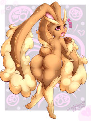Rule 34 | 1girl, animal ears, animal hands, artist name, ass, border, creatures (company), female focus, food, from behind, full body, furry, furry female, game freak, gen 4 pokemon, hands up, heart, highres, holding, huge ass, leonkatlovre, looking at viewer, looking back, lopunny, love ball, macaron, nintendo, notice lines, nude, open mouth, pink eyes, poke ball, poke ball theme, pokemon, pokemon (creature), pussy, rabbit ears, rabbit tail, signature, simple background, solo, standing, standing on one leg, surprised, tail, uncensored, white border