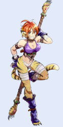 Rule 34 | 1girl, animal ears, armlet, bandages, breasts, breath of fire, breath of fire ii, cat ears, cat tail, choker, cleavage, closed eyes, fang, fingerless gloves, fingernails, full body, gloves, grey background, grin, halterneck, hand on own hip, highres, himukai yuusuke, holding, holding staff, long fingernails, long toenails, messy hair, midriff, navel, no panties, no pants, orange hair, rinpoo chuan, short hair, simple background, smile, solo, staff, standing, standing on one leg, striped, tail, toeless footwear, toenails, yellow eyes