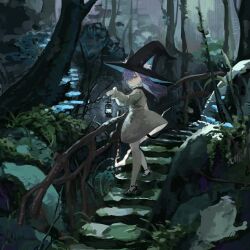 Rule 34 | 1girl, animal ear fluff, animal ears, black footwear, black hat, blue eyes, cat ears, cat tail, dress, ears through headwear, ednaaaaxd, forest, hat, high heels, highres, holding, holding lantern, lantern, long hair, moss, nature, original, plant, purple hair, railing, rock, scenery, shoes, solo, stairs, standing, tail, tree, vines, witch, witch hat