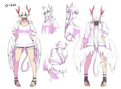 Rule 34 | 1girl, ass, bra strap, breasts, character name, character sheet, commentary request, demon girl, demon horns, demon tail, denim, denim shorts, feathered wings, full body, highres, horns, large breasts, long hair, lorem (mazohaha), low wings, multiple views, musuko ga kawaikute shikatanai mazoku no hahaoya, pointy ears, red eyes, sandals, shirt, shorts, sidelocks, sleeves rolled up, smile, tail, white background, white hair, white shirt, white tail, white wings, wings, zyugoya