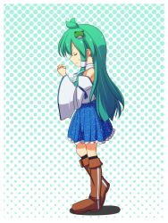 Rule 34 | 1girl, boots, cato (monocatienus), detached sleeves, closed eyes, female focus, frog, green hair, hair ornament, halftone, halftone background, own hands clasped, highres, kochiya sanae, long hair, own hands together, praying, skirt, snake, solo, touhou