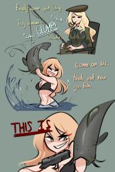 Rule 34 | 2girls, absurdres, beret, black bra, blonde hair, bra, breasts, centurii-chan (artist), cleavage, closed eyes, closed mouth, collared dress, commentary, dress, english commentary, english text, eyeshadow, fish, fishing rod, green background, green dress, gun, hat, highres, holding, holding fishing rod, holding gun, holding weapon, long hair, long sleeves, makeup, medium breasts, multiple girls, navel, open mouth, original, pipe in mouth, simple background, smoking pipe, teeth, underwear, water, weapon, yellow eyes