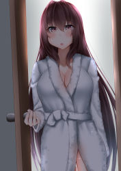 Rule 34 | 1girl, bathrobe, blush, breasts, cleavage, commentary request, doorway, fate/grand order, fate (series), highres, indoors, kitajima yuuki, large breasts, long hair, long sleeves, looking at viewer, naked robe, open mouth, opening door, pov doorway, purple hair, red eyes, robe, scathach (fate), solo, sparkle, standing