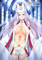 Rule 34 | 1girl, bare shoulders, breasts, breasts apart, butter-t, crown, detached sleeves, dress, dress of heaven, covered erect nipples, fate/grand order, fate (series), irisviel von einzbern, irisviel von einzbern (caster), jewelry, large breasts, long hair, long sleeves, looking at viewer, mature female, navel, patreon, patreon username, red eyes, silver hair, sleeves past wrists, smile, solo, stomach, underboob, very long hair, watermark, web address