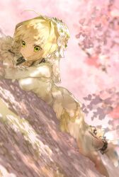 Rule 34 | 1girl, ahoge, akamakoto, blonde hair, blush, bodysuit, breasts, chain, fate/extra, fate/extra ccc, fate (series), flower wreath, green eyes, hair between eyes, hair intakes, head wreath, highres, large breasts, lock, long hair, looking at viewer, lying, nero claudius (bride) (fate), nero claudius (fate), nero claudius (fate) (all), on stomach, padlock, solo, veil, white bodysuit