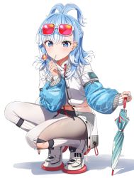 Rule 34 | 1girl, absurdres, blue eyes, blue hair, blush, bright pupils, candy, eyewear on head, food, hair behind ear, hair ornament, highres, holding, holding food, hololive, hololive indonesia, jacket, kobo kanaeru, lollipop, long sleeves, looking at viewer, pantyhose, shinomu (cinomoon), shoes, solo, squatting, sunglasses, thighs, umbrella, virtual youtuber, white pantyhose, white pupils