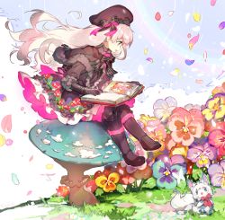 Rule 34 | 10s, :d, animal, beret, black bow, black bowtie, black footwear, black headwear, black skirt, blue flower, book, boots, bow, bowtie, capelet, fate/extra, fate/grand order, fate (series), flower, food print, frilled skirt, frills, fur trim, hat, hat bow, long hair, multicolored bow, mushroom, mushroom print, namie-kun, nursery rhyme (fate), open mouth, pansy, petals, pink bow, pink flower, purple flower, red bow, red bowtie, red flower, silver hair, sitting, skirt, smile, striped bow, striped bowtie, striped clothes, striped neckwear, yellow flower