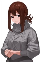 Rule 34 | 1girl, brown eyes, brown hair, check copyright, closed mouth, copyright request, gochiwa, grey sweater, highres, long hair, looking at viewer, original, own hands together, ponytail, simple background, solo, sweater, upper body, white background