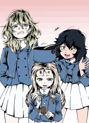 Rule 34 | 3girls, andou (girls und panzer), anger vein, angry, arm behind back, bc freedom (emblem), bc freedom military uniform, black hair, blonde hair, blue headwear, blue jacket, blue vest, blush, brown eyes, cake, crumbs, dark-skinned female, dark skin, drill hair, eating, emblem, food, girls und panzer, gradient background, hand up, hat, high collar, jacket, long hair, long sleeves, looking at another, looking down, marie (girls und panzer), medium hair, messy hair, multiple girls, open mouth, oshida (girls und panzer), pleated skirt, s590220, shako cap, skirt, smile, spoon, tearing up, teeth, thighs, tongue, vest, white skirt