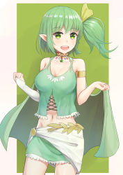 Rule 34 | 1girl, :d, absurdres, alternate costume, armlet, bare arms, bare shoulders, blush, border, breasts, bridal gauntlets, camisole, cape, choker, cleavage, collarbone, cowboy shot, daiyousei, dishiren, gloves, green background, green cape, green eyes, green hair, green skirt, grey border, hair ribbon, hands up, highres, large breasts, looking at viewer, midriff, miniskirt, navel, open mouth, outside border, pointy ears, ribbon, sarong, short hair, side ponytail, sidelocks, simple background, single glove, skirt, smile, solo, spaghetti strap, standing, touhou, white gloves, yellow ribbon