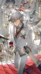Rule 34 | 1boy, bird, black necktie, closed mouth, formal, grey hair, hair over one eye, hair ribbon, highres, holding hands, honkai: star rail, honkai (series), indoors, jacket, jing yuan, llmia4, long hair, male focus, mole, mole under eye, necktie, out of frame, pants, ponytail, pov, ribbon, solo, stairs, suit, trailblazer (honkai: star rail), white jacket, white pants, yellow eyes