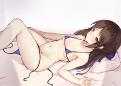 Rule 34 | 1girl, arm at side, bare arms, bare legs, bare shoulders, bed sheet, bikini, blue bikini, blue ribbon, blush, breasts, brown eyes, brown hair, collarbone, feet out of frame, from side, hair ribbon, heart, heart-shaped pupils, idolmaster, idolmaster cinderella girls, knees up, long hair, looking at viewer, looking to the side, lying, micro bikini, navel, nose blush, on back, on bed, pillow, purple bikini, ribbon, se-u-ra, side-tie bikini bottom, small breasts, solo, stomach, string, swimsuit, symbol-shaped pupils, tachibana arisu, thighs, untied bikini, wavy mouth