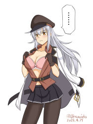 Rule 34 | ..., 1girl, black gloves, black hat, black pantyhose, black skirt, bra, breasts, commentary request, contrapposto, cowboy shot, dated, gangut (kancolle), gangut dva (kancolle), geru, gloves, grey hair, hat, kantai collection, large breasts, long hair, one-hour drawing challenge, open clothes, pantyhose, peaked cap, pink bra, red eyes, red shirt, shirt, short sleeves, simple background, skirt, solo, spoken ellipsis, twitter username, underwear, white background