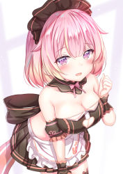 Rule 34 | 1girl, apron, bad id, bad twitter id, bandeau, bare shoulders, black skirt, black thighhighs, breasts, cleavage, cleavage cutout, clothing cutout, cowboy shot, crop top, detached collar, detached sleeves, gradient hair, heart cutout, highres, large breasts, leaning forward, looking at viewer, maid, maid apron, maid headdress, midriff, miniskirt, multicolored hair, open mouth, original, pink hair, pleated skirt, purple eyes, short hair, short sleeves, skirt, smile, solo, standing, strapless, streaked hair, thighhighs, tube top, waist apron, yuano, zettai ryouiki