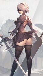 Rule 34 | 1girl, 2b (nier:automata), absurdres, ass, back, back cutout, beastlord (sword), black blindfold, black dress, black footwear, black hairband, blindfold, boots, breasts, cleavage cutout, closed mouth, clothing cutout, covered eyes, dress, dual wielding, feather-trimmed sleeves, feather trim, full body, gloves, hairband, high heel boots, high heels, highres, holding, holding sword, holding weapon, juliet sleeves, katana, leather, leather boots, lips, long sleeves, looking back, medium breasts, mole, mole under mouth, nier:automata, nier (series), oda non, pink lips, puffy sleeves, short dress, silver hair, simple background, solo, standing, sword, textless version, thigh boots, thighhighs, thighhighs under boots, thighs, virtuous contract, weapon, wind, wind lift, zettai ryouiki