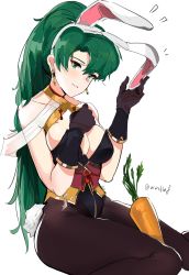 Rule 34 | 1girl, absurdres, animal ear hairband, animal ears, blush, breasts, fake animal ears, fire emblem, fire emblem: the blazing blade, fire emblem fates, fire emblem heroes, gloves, green eyes, green hair, high ponytail, highres, jewelry, kagero (fire emblem), kagero (spring) (fire emblem), large breasts, leotard, long hair, looking at viewer, lyn (fire emblem), nintendo, ormille, pantyhose, playboy bunny, ponytail, rabbit ear hairband, rabbit ears, simple background, smile, solo, very long hair, white background